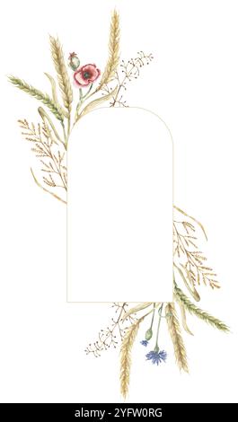 Aquarell zarte Wiesenblumen und Weizenrahmen Illustration, handgezeichnete Feldpflanzenanordnung Stockfoto