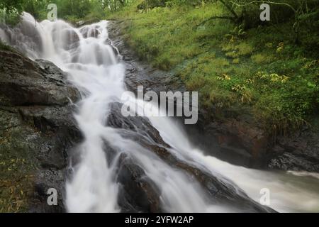 Blick von unten auf den fantastischen Datanla Wasserfall mit kristallklarem Wasser zwischen grünen Wäldern im Sommer Stockfoto