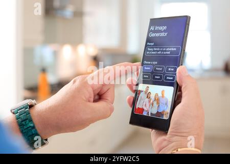 Eine Person nutzt ihr Smartphone, um eine KI-Bildgenerator-Anwendung in einer modernen Küche zu erkunden. Auf dem Bildschirm werden Optionen zum Generieren angezeigt Stockfoto