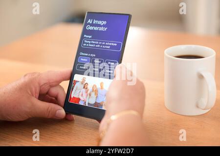Eine Person nutzt ihr Smartphone, um eine KI-Bildgenerator-Anwendung in einer modernen Küche zu erkunden. Auf dem Bildschirm werden Optionen zum Generieren angezeigt Stockfoto
