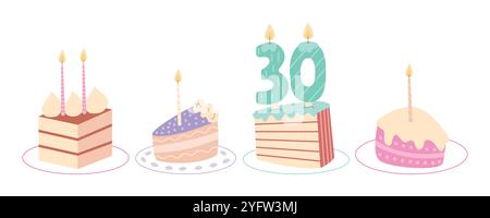 Geburtstagsscheiben von Kuchen auf Tellern Vektorset Stock Vektor