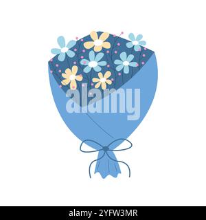 Blumenstrauß aus Wildblumen in blauem Geschenkpapier Stock Vektor