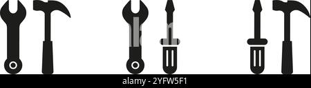 Werkzeuge Silhouette Symbolsatz einschließlich Schraubenschlüssel, Hammer und Schraubendreher für Wartung und Reparatur. Toolkit für Wartungsaufgaben Sammlung von Glyph-Symbolen Stock Vektor