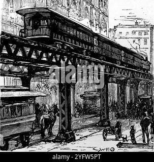 Die Elevated Railway in New York, Straßenszene aus einem Gravur (Signatur undeutlich). Aus einem Reisebericht der Vereinigten Staaten von Amerika aus dem 19. Jahrhundert, der 1891 veröffentlicht wurde, ist dies eine Fotografie einer von mehreren Stichen (viele von Edward Whymper), die verwendet wurden, um Aspekte der Sozialgeschichte, Architektur, Topographie und Geographie der USA zu illustrieren. Stockfoto