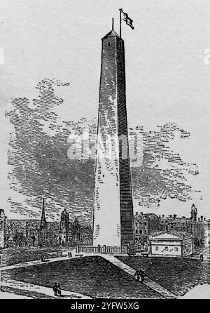 Das Bunker Hill Monument in Boston, Massachusetts. Aus einem Reisebericht der Vereinigten Staaten von Amerika aus dem 19. Jahrhundert, der 1891 veröffentlicht wurde, ist dies eine Fotografie einer von mehreren Stichen (viele von Edward Whymper), die verwendet wurden, um Aspekte der Sozialgeschichte, Architektur, Topographie und Geographie der USA zu illustrieren. Stockfoto