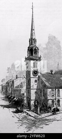 Die Old South Church in Boston, Massachusetts, mit einem hohen Turm über dem Uhrenturm. Aus einem Reisebericht der Vereinigten Staaten von Amerika aus dem 19. Jahrhundert, der 1891 veröffentlicht wurde, ist dies eine Fotografie einer von mehreren Stichen (viele von Edward Whymper), die verwendet wurden, um Aspekte der Sozialgeschichte, Architektur, Topographie und Geographie der USA zu illustrieren. Stockfoto