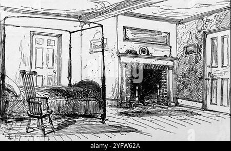 Der Raum, in dem Nathaniel Hawthorne geboren wurde, in Union Street, Salem, Essex County, Massachusetts. Er war ein populärer amerikanischer Schriftsteller und Autor von Kurzgeschichten. Aus einem Reisebericht der Vereinigten Staaten von Amerika aus dem 19. Jahrhundert, der 1891 veröffentlicht wurde, ist dies eine Fotografie einer von mehreren Stichen (viele von Edward Whymper), die verwendet wurden, um Aspekte der Sozialgeschichte, Architektur, Topographie und Geographie der USA zu illustrieren. Stockfoto