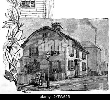 Außenansicht des Hauses, in dem Nathaniel Hawthorne geboren wurde, in Union Street, Salem, Essex County, Massachusetts. Er war ein populärer amerikanischer Schriftsteller und Autor von Kurzgeschichten. Aus einem Reisebericht der Vereinigten Staaten von Amerika aus dem 19. Jahrhundert, der 1891 veröffentlicht wurde, ist dies eine Fotografie einer von mehreren Stichen (viele von Edward Whymper), die verwendet wurden, um Aspekte der Sozialgeschichte, Architektur, Topographie und Geographie der USA zu illustrieren. Stockfoto