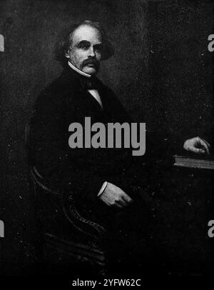 Porträt von Nathaniel Hawthorne aus Salem, Essex County, Massachusetts. Er war ein populärer amerikanischer Schriftsteller und Autor von Kurzgeschichten. Aus einem Reisebericht der Vereinigten Staaten von Amerika aus dem 19. Jahrhundert, der 1891 veröffentlicht wurde, ist dies eine Fotografie einer von mehreren Stichen (viele von Edward Whymper), die verwendet wurden, um Aspekte der Sozialgeschichte, Architektur, Topographie und Geographie der USA zu illustrieren. Stockfoto