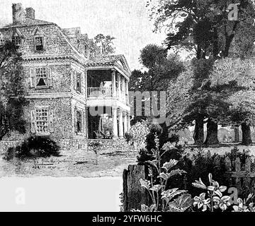 Ein altes Herrenhaus aus Virginia. Aus einem Reisebericht der Vereinigten Staaten von Amerika aus dem 19. Jahrhundert, der 1891 veröffentlicht wurde, ist dies eine Fotografie einer von mehreren Stichen (viele von Edward Whymper), die verwendet wurden, um Aspekte der Sozialgeschichte, Architektur, Topographie und Geographie der USA zu illustrieren. Stockfoto