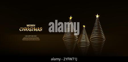 Fröhliche weihnachten und Happy New Year Banner. Dunkle horizontale Vorlage mit kreativem Design mit luxuriösem, goldenem weihnachtsbaum und Schneeflocken-Dekoration Stock Vektor