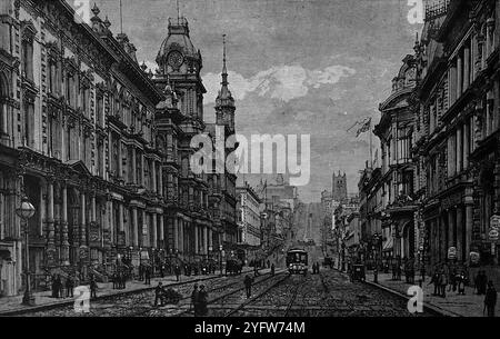 California Street, San Francisco (Kalifornien), eine Straßenszene. Aus einem Reisebericht der Vereinigten Staaten von Amerika aus dem 19. Jahrhundert, der 1891 veröffentlicht wurde, ist dies eine Fotografie einer von mehreren Stichen (viele von Edward Whymper), die verwendet wurden, um Aspekte der Sozialgeschichte, Architektur, Topographie und Geographie der USA zu illustrieren. Stockfoto