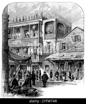 Eine Straße in China Town, San Francisco nach einer Illustration des amerikanischen Illustrators Paul Frenzeny, die erstmals im Harper’s Magazine veröffentlicht wurde. Aus einem Reisebericht der Vereinigten Staaten von Amerika aus dem 19. Jahrhundert, der 1891 veröffentlicht wurde, ist dies eine Fotografie einer von mehreren Stichen (viele von Edward Whymper), die verwendet wurden, um Aspekte der Sozialgeschichte, Architektur, Topographie und Geographie der USA zu illustrieren. Stockfoto