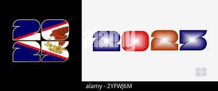 Jahr 2025 mit Flagge von Amerikanisch-Samoa und im Farbgeschmack von Amerikanisch-Samoa-Flagge. Happy New Year 2025 in zwei verschiedenen Stilen. Neujahrsdesign für Cale Stock Vektor
