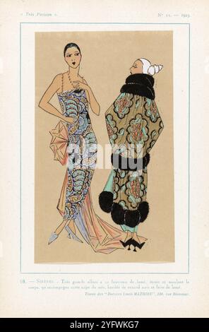 Très Parisien, 1923, Nr. 11: 18. - SIRENES. - Très grande Allure Vintage Fashion Illustrationen von „Dorure Louis Mathieu“, Frankreich der 1920er Jahre. Merkmale: „Diese schmale, körpernahe Lamé-Hülle hat einen tollen Reiz, begleitet von diesem abendcape, umrandet mit schwarzem Fuchs und aus Lamé.“ Stockfoto