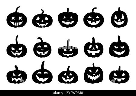 Vector Cartoon Kürbisse Silhouetten Kollektion mit geschnitzten Gesichtern. Flaches Set Mit Bunten Kürbis-Stickern. Designvorlagen für Halloween, Herbst, Ernte Stock Vektor