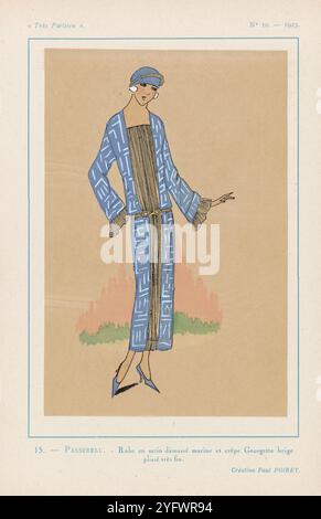 Très Parisien, 1923, Nr. 10 15.- PASSEREAU. Kleid aus marineblauem Damastsatin und sehr feinem beigefarbenem Georgette-Krepp. / Schöpfung Paul POIRET. Vintage Fashion Illustration Kreation 1920er Jahre Frankreich. Stockfoto