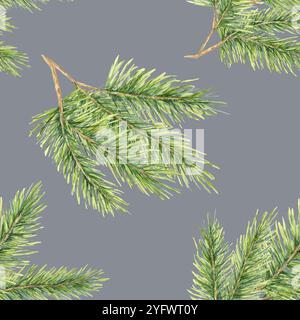 Fichtenzweige mit grünen Nadeln in einem nahtlosen Aquarellmuster. Tanne, Zedernillustration zur Gestaltung von Textilien, Dekorationsprodukten zum Thema Feiertage Stockfoto