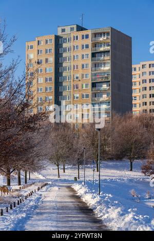 Isolierte panel House Apartments hinter Bäumen, Hochhaus Mehrfamilienhaus, vorgefertigte tower Blocks von Betonplatten, großes Panel System Gebäude, Stockfoto