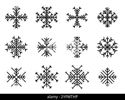 Schneeflocken-Symbol. Schwarze Silhouetten von Schneeflocken auf weißem Hintergrund. Winter Hintergrund mit geometrischen Schneeflocken in verschiedenen Formen Design für Stock Vektor