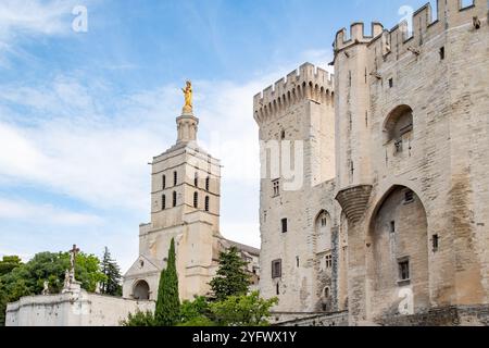 Palast der Päpste in Avignon mit der berühmten Kathedrale Notre-Dame des Doms mit ihrer goldenen Marienstatue Stockfoto