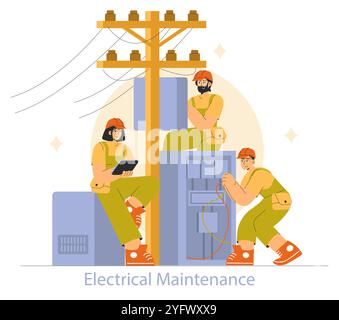 Elektrisches Instandhaltungskonzept. Techniker, die an Stromleitungen und elektrischen Geräten arbeiten. Sicherheit-First-Haltung in der Vektorillustration der Energiewirtschaft. Stock Vektor