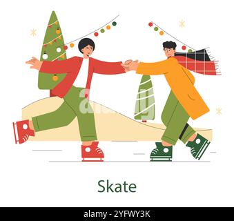 Weihnachtliches Schlittschuhlaufen-Konzept. Zwei Personen genießen es, gemeinsam in festlicher Dekoration zu laufen. Saisonale Bindung und aktive Feiertage. Vektorabbildung. Stock Vektor