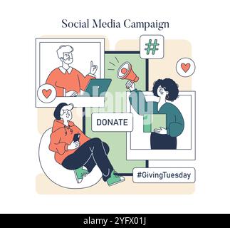 Gebenden Dienstag Konzept. Charaktere, die sich an einer gemeinnützigen Kampagne in sozialen Medien beteiligen. Förderung von Spenden, Unterstützung durch die Gemeinschaft, Online-Bewusstsein. Vektorabbildung. Stock Vektor