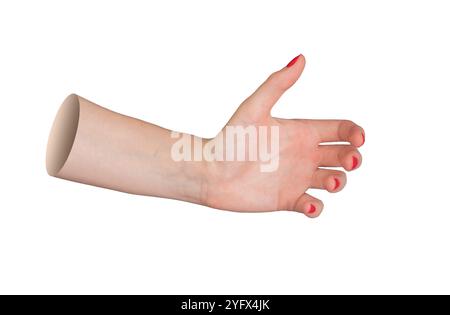 Handgesten, Handfläche, Finger, um etwas zu greifen oder zu halten, zeigen Perspektive, Griff. Nahaufnahme von rot polierten Nägeln, gepflegt. Isoliert Stockfoto