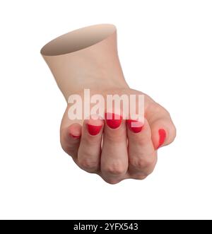 Weibliche Hand in Vorderansicht. Locker geschlossene, gelockerte Finger mit roter politur, sanft umschlossen, als würde sie ein kleines Objekt halten, zarter und eleganter Griff. Mani Stockfoto