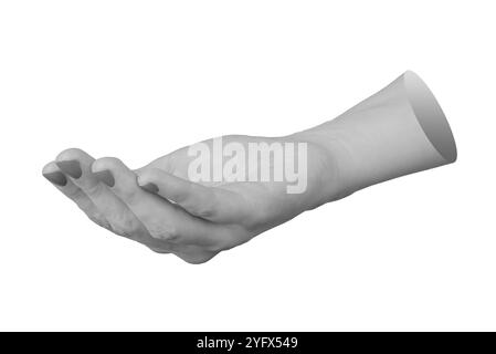 Weibliche Hand isoliert. Locker geschwungene Finger in sanftem Griff, zum Halten kleiner Gegenstände in Schalen. Offene Palme mit Angeboten oder Empfangen, leer oder viral Stockfoto