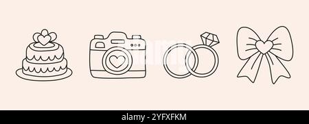 Hochzeit Hand gezeichnet Doodle Symbol Set - Kuchen, Fotokamera, Ringe, Schleife. Skizze im organischen Stil Vektor-Heiratssymbol auf weißem Hintergrund für festliche Stock Vektor