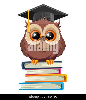 Kluge Eule in Abschlussmütze, die auf Büchern sitzt. Zurück zur Schule. Niedliche Eule-Zeichentrickfigur. Abbildung des Materialvektors Stock Vektor
