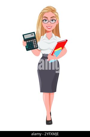Schöne blonde Geschäftsfrau mit Taschenrechner. Süße Geschäftsfrau-Cartoon-Figur. Abbildung des Materialvektors Stock Vektor