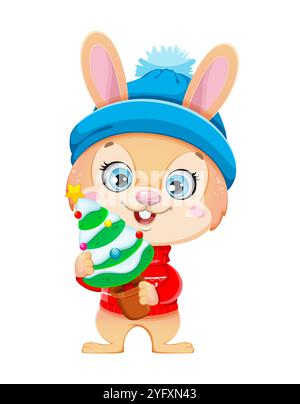 Frohe Weihnachtsgrußkarte. Niedliches Kaninchen mit Zeichentrickfigur, das eine kleine Tanne hält. Frohe Weihnachten und frohes neues Jahr. Abbildung des Materialvektors für Stock Vektor