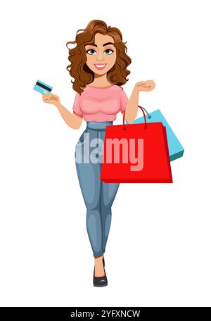 Eine schöne Geschäftsfrau geht einkaufen. Süße junge Geschäftsfrau-Cartoon-Figur. Abbildung des Materialvektors Stock Vektor