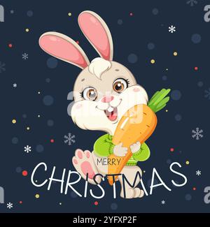 Frohe Weihnachten und Happy New Year Grußkarte. Niedliche Kaninchen-Zeichentrickfigur. Lustiger Hase mit großer Karotte. Abbildung des Materialvektors Stock Vektor