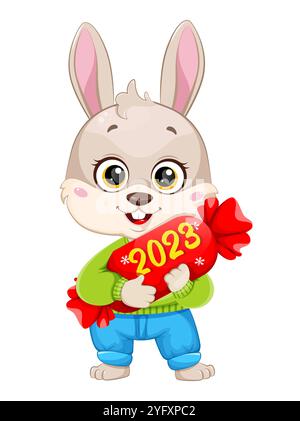 Cartoon-Kaninchen mit großen Süßigkeiten. Niedliches Häschen. Frohe Weihnachten und frohes neues Jahr. Illustration des Materialvektors auf weißem Hintergrund Stock Vektor