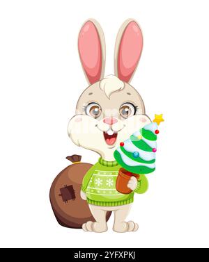Niedliche Kaninchen-Zeichentrickfigur. Lustiger Hase, der Spielzeugtanne hält. Frohe Weihnachten und frohes neues Jahr, Jahr des Kaninchens. Abbildung des Materialvektors ein Stock Vektor
