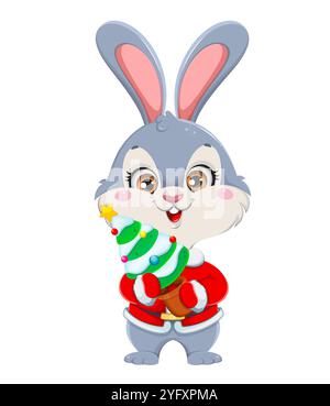 Niedliches Kaninchen mit Zeichentrickfigur, das eine kleine Tanne hält. Frohe Weihnachten und frohes neues Jahr. Illustration des Materialvektors auf weißem Hintergrund Stock Vektor