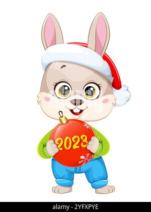 Karikaturkaninchen mit Weihnachtsbaumspielzeug. Niedliches Häschen. Frohe Weihnachten und frohes neues Jahr. Illustration des Materialvektors auf weißem Hintergrund Stock Vektor