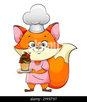 Süßer Fuchs, der leckeren Kuchen hält. Fröhliche, foxige Zeichentrickfigur. Abbildung des Rohteils-Vektors auf weißem Hintergrund isoliert Stock Vektor
