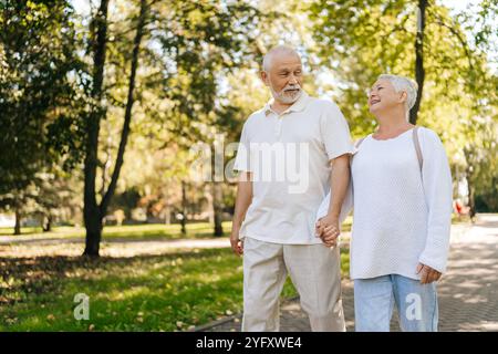 Schönes älteres Paar, das einen entspannenden Spaziergang im grünen Park genießt, Hände hält und sich in der Sommersonne sonnt, verkörpert Zweisamkeit und gesundes Altern Stockfoto