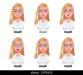 Gesichtsausdrücke der Geschäftsfrau. Verschiedene weibliche Emotionen, Set. Vektorabbildung Stock Vektor