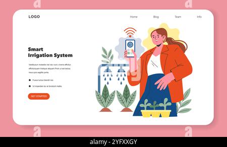 Smart Home Automation Konzept. Frau, die mobile App für intelligentes Bewässerungssystem nutzt. Pflanzenpflege, Garteneffizienz, Wassereinsparung. Vektorabbildung. Stock Vektor