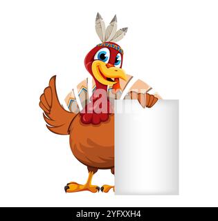 Alles Gute An Thanksgiving. Lustiger Thanksgiving-Truthahnvogel, der neben einem leeren Plakat steht. Illustration des Materialvektors auf weißem Hintergrund Stock Vektor