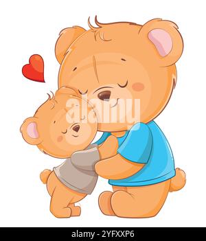 Alles Gute zum Vatertag. Fröhliche Bären, die Dad und Sohn umarmen. Niedliche Zeichentrickfiguren. Vektorillustration auf weißem Hintergrund Stock Vektor