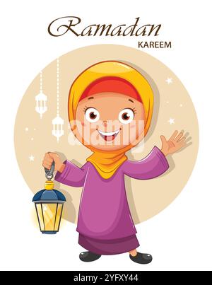Ramadan Kareem Grußkarte. Fröhlicher Ramadan. Süße Zeichentrickfigur, muslimisches Mädchen, das Laterne hält. Stock-Vektor-Illustration für traditionellen Feiertag Stock Vektor
