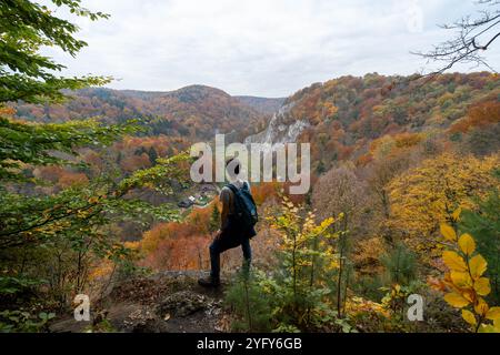 Ein Wanderer blickt über das Falltal Stockfoto