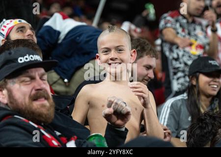 Harrison, New Jersey, USA. November 2024. Die Fans reagieren während des Spiels zwischen den New York Red Bulls und der Columbus Crew in der 1. Runde der MLS Audi Cup Playoffs in der Red Bull Arena in Harrison, NJ Gemäß den von MLS festgelegten Regeln besteht die erste Runde der Playoffs aus den besten von 3 Spielen. Jedes Spiel muss mit einem Elfmeterschießen für einen der Gegner enden, falls das Spiel in einem Unentschieden endet. Red Bulls haben bei Elfmeterschießen gewonnen. (Kreditbild: © Lev Radin/Pacific Press via ZUMA Press Wire) NUR REDAKTIONELLE VERWENDUNG! Nicht für kommerzielle ZWECKE! Stockfoto